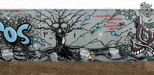 detail: ...δυσ τόπος..✞..Dystopia... Tree of Life and Death... R.I.P. Liberté, Égalité, Fraternité and Your Name by Avelon 31 and DoggieDoe - The Dark Roses - Nordhavn, Copenhagen, Denmark 16-18. September 2017